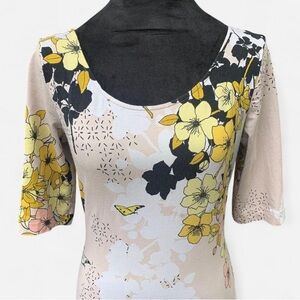 Guess Soft Boho Cottagecore Yellow, Beige, and Black Floral Bodysuit